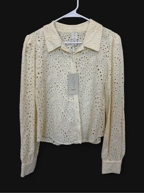 NWT Joie Eyelet Button Down Long Sleeve Blouse Large Cream Feminine Casual Chic